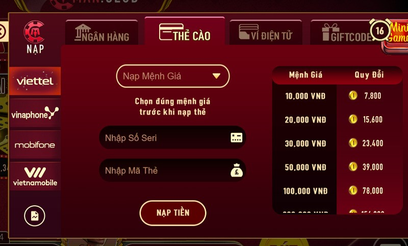 Nạp tiền Manclub