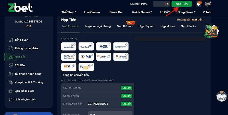 Nạp tiền Zbet
